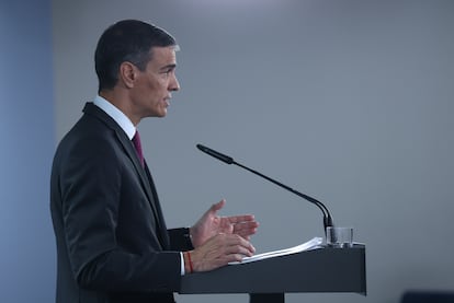 Pedro Sánchez, en su comparecencia el día 22 en La Moncloa para anunciar el acuerdo con la OTAN.