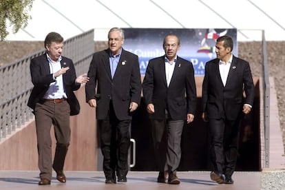 Los presidentes de Colombia, Juan Manuel Santos; de Chile, Sebastián Piñera; de México, Felipe Calderón; y de Perú, Ollanta Humala.