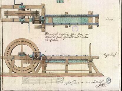 Dibujo de mayo de 1809  de una máquina para barrenar cañones de fusil.