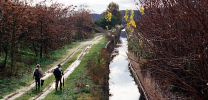 Dos excursionistas pasean por el término municipal de San Martín de la Vega.