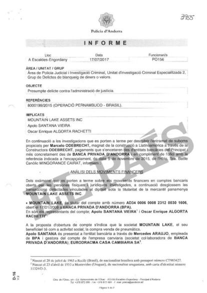 Informe de la Policía de Andorra que menciona el papel en el caso Odebrecht de dos casas de cambio de Uruguay. 