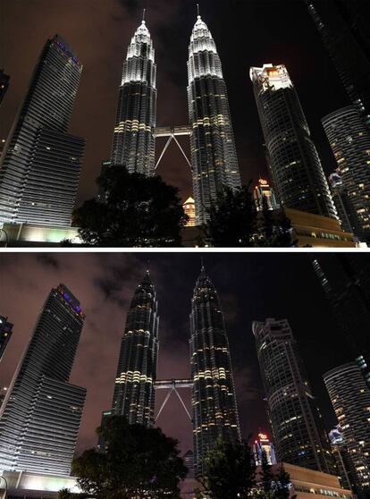 Esta combinación muestra las torres Petronas, antes y después de que las luces se apagaran, durante la campaña de la Hora del Planeta en Kuala Lumpur.