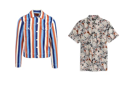 De izq. a dcha.: cazadora vaquera de Sandro (166€) y camisa estampada de Ted Baker (consultar precio en punto de venta). Disponibles en Las Rozas Village y La Roca Village.