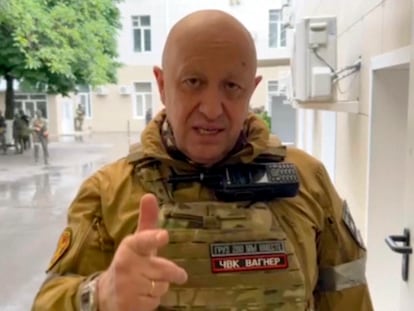 Yevgeny Prigozhin, the owner of the Wagner Group military company, records his video addresses in Rostov-on-Don, Russia, Saturday, June 24, 2023.