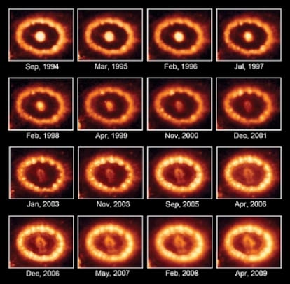 Imágenes de la supernova SN 1987 A, tomadas por el telescopio <i>Hubble</i>, en las que se aprecia su evolución.