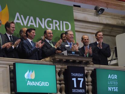 El presidente de Iberdrola, Ignacio Sánchez Galán, y varios ejecutivos de Avangrid, en la salida a Bolsa de la empresa, en 2015.