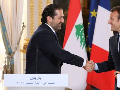 El presidente franc&eacute;s, Emmanuel Macron, y el dimitido primer ministro liban&eacute;s, Saad Hariri, en Par&iacute;s el 1 de septiembre