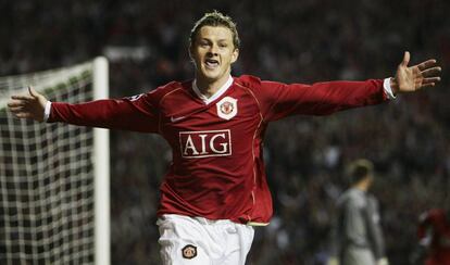 Solskjaer celebra un gol con el United ante el Celtic.