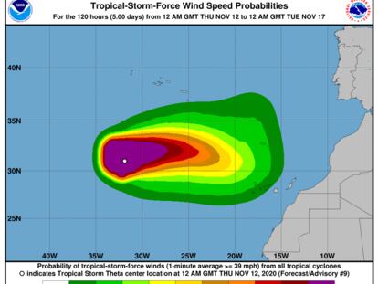 Trayectoria de la tormenta tropical Theta, según el último aviso del NHC.