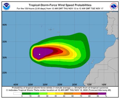 Trayectoria de la tormenta tropical Theta, según el último aviso del NHC.