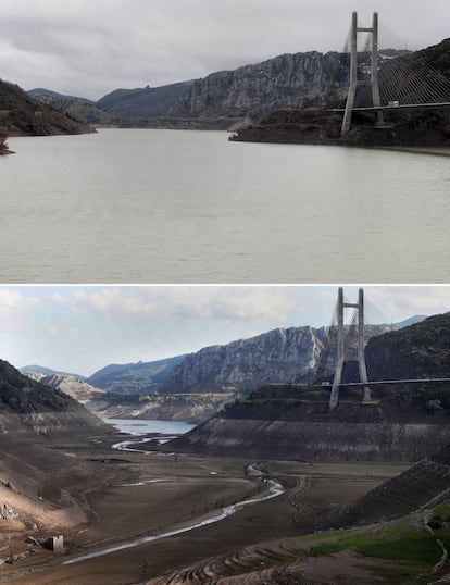 Estado del embalse de Barrios de Luna, al 60% de agua embalsada en la foto superior tomada el 13 de marzo de 2018 y al 7% de su capacidad en la foto inferior tomada el 31 de agosto de 2017