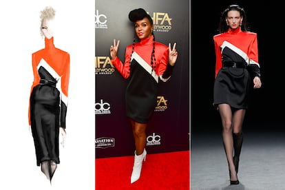 En el centro, Janelle Monae, vistiendo de The 2nd Skin Co. la noche del domingo en Hollywood. Al lado, boceto y modelo de la colección O-I 2018/19 de la marca.