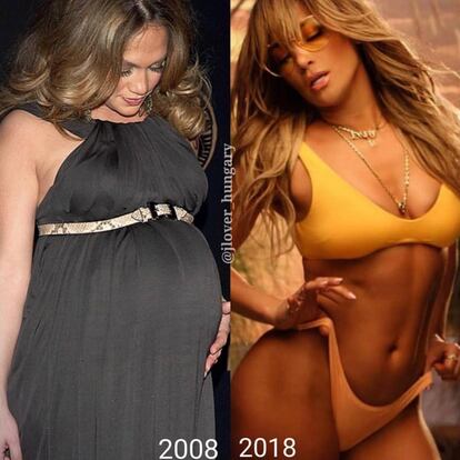 Jennifer Lopez también se ha querido sumar a este juego y la foto escogida para mostrar su cuerpo de hace 10 años ha sido de ella embarazada de sus dos hijos, los mellizos Emme y Maximiliam que tuvo con Marc Anthony.