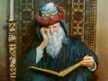 Omar Khayy‡m (1048Ð1131; Persian: ____ ____) was a Persian polymath: philosopher, mathematician, astronomer and poet. He also wrote treatises on mechanics, geography, mineralogy, music, climatology and theology. Born in Nishapur, at a young age he moved to Samarkand and obtained his education there, afterwards he moved to Bukhara and became established as one of the major mathematicians and astronomers of the medieval period. He is the author of one of the most important treatises on algebra written before modern times, the Treatise on Demonstration of Problems of Algebra, which includes a geometric method for solving cubic equations by intersecting a hyperbola with a circle. He contributed to a calendar reform. His significance as a philosopher and teacher, and his few remaining philosophical works, have not received the same attention as his scientific and poetic writings. Zamakhshari referred to him as 'the philosopher of the world'. Many sources have testified that he taught for decades the philosophy of Ibn Sina in Nishapur where Khayy‡m was born and buried and where his mausoleum today remains a masterpiece of Iranian architecture visited by many people every year. (Photo by: Pictures From History/Universal Images Group via Getty Images)