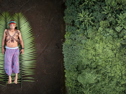 À esquerda, jovem indígena Nantu em seu território. À direira: a floresta primária que Nantu procura proteger por meio da não dependência de combustíveis fósseis.