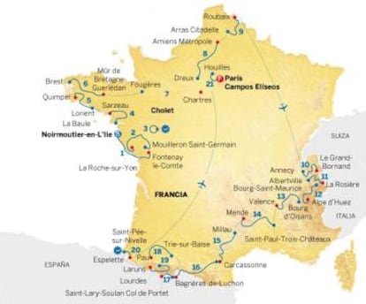 Mapa con el recorrido del Tour de Francia 2018. Fuente: Tour de Francia.