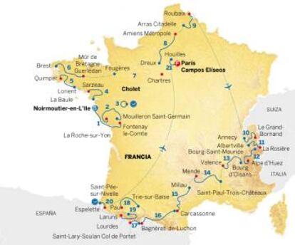 Mapa con el recorrido del Tour de Francia 2018. Fuente: Tour de Francia.