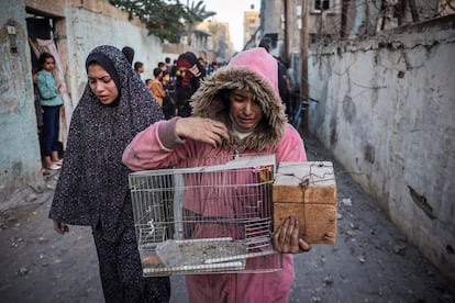 Una joven sujeta la jaula de un pájaro mientras huye tras un ataque israelí en Rafah, este jueves.  