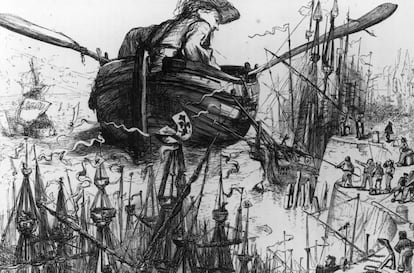 Ilustración de Gulliver atravesando Lilliput en un pasaje de la obra de Jonathan Swift 'Los viajes de Gulliver'.