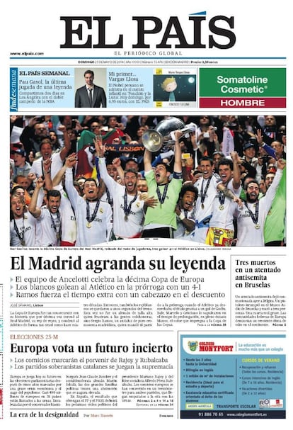 El Real Madrid ganó su décima Copa de Europa al derrotar al Atlético de Madrid en la final de Lisboa. Fue una final inédita, la primera de la historia con dos equipos de la misma ciudad, resuelta en la prórroga tras empatar un partido que ganó durante muchos minutos el Atlético de Madrid. Finalmente, el Real Madrid ganó por 4-1.<p> <b>Noticia</b>: <a href="http://deportes.elpais.com/deportes/2014/05/24/champions/1400931355_382692.html" target="blank">El campeón vale por 10</a>