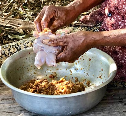 RELLENANDO RANAS CON PICADILLO DE CERDO, PASTA DE CACAHUETES Y ESPECIAS / J.C.CAPEL 