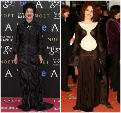 La actriz Adriana Ozores vestida de Devota and Lomba en la gala del cine español de 2015 y, a la derecha, con un vestido de David Delfín en los Goya de 2006.