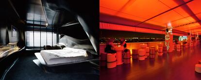 A la izquierda, habitación de la primera planta del Silken Puerta América, proyectada por Zaha Hadid; a la derecha, Sky Night, el bar en la azotea del hotel madrileño, obra de Jean Nouvel.