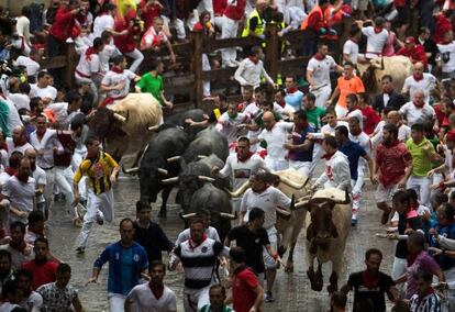 Toros de la ganadería de José Escolar Gil durante su recorrido por las calles de Pamplona.