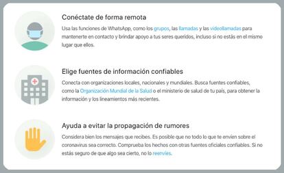 WhatsApp, consejos contra las 'fake news' del coronavirus.