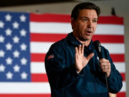 Ron DeSantis speaks at a Never Back Down campaign event at The Thunderdome in Newton, Iowa, December 2, 2023.