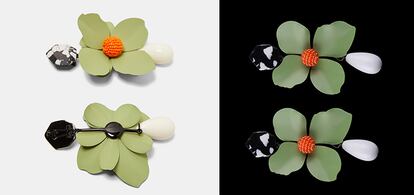 Sobre fondo blanco, unos pendientes florales que ZARA sacó la temporada pasada. En fondo negro, su clon en AliExpress.