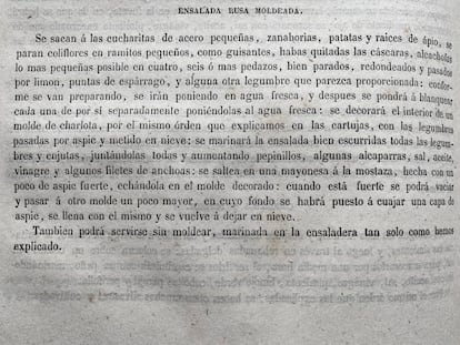 Receta de ensalada rusa del libro La Cocina Moderna (1857). J.C. CAPEL