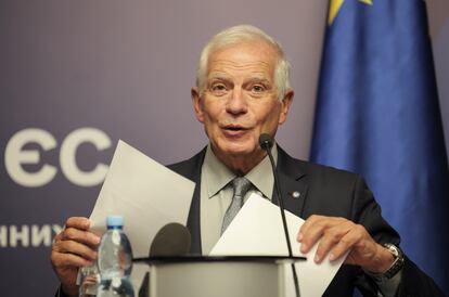 EU High Representative for Foreign Affairs and Security Policy Josep Borrell speaks during a joint press conference with Ukrainian Foreign Minister Dmytro Kuleba