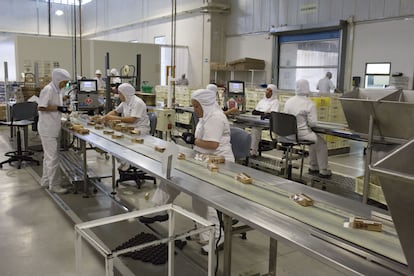 Trabajadores empaquetan chocolates en la línea de producción de la Compañía Nacional de Chocolate de Grupo Nutresa, en Medellín (Colombia) en junio de 2017.