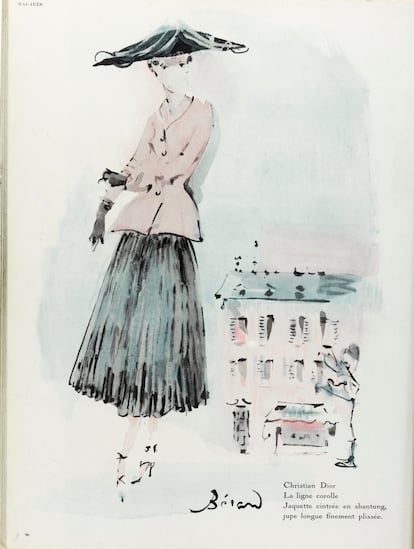 Dibujo del conjunto Bar de Christian Dior, de su colección de alta costura de primavera/verano 1947 publicado en la edición francesa de la revista 'Vogue'.