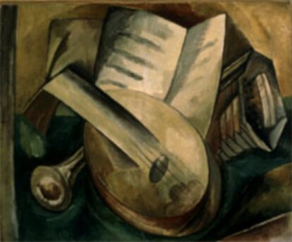 El cuadro <i>Los instrumentos musicales,</i> de 1908, de Braque (coleccin Claude Laurens), presente en la exposicin.