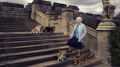 La reina de Inglaterra, con su perros, fotografiada por Annie Leibovitz en 2016.