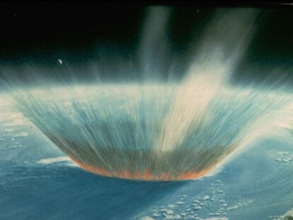 Ilustración del impacto de un meteorito que pudo acabar con los dinosaurios hace 65 millones de años.