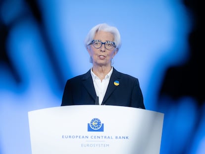 La presidenta del BCE, Christine Lagarde, durante su comparecencia ante la prensa en Fráncfort, el pasado mes de marzo.