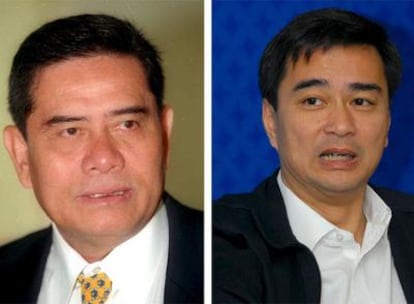 Los dos candidatos a primer ministro de Tailandia, Pracha Promnok, el líder del partido Puea Pandin, y Abhisit Vejjajiva, líder del Partido Demócrata.