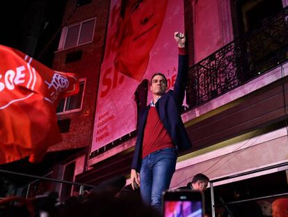 Pedro Sanchez celebrates in Madrid after winning the election.