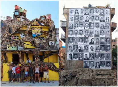 A la izquierda, Casa Amarela un centro cultural diseñado por JR en Favela Providencia (Brasil). A la derecha, su proyecto 'Inside Out', un trabajo con el que se propone empapelar fachadas de pueblos y ciudades con rostros anónimos.