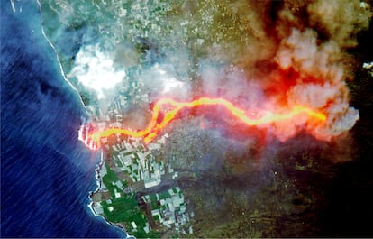 Satellite picture of lava flow following the eruption of a volcano on the island of La Palma.