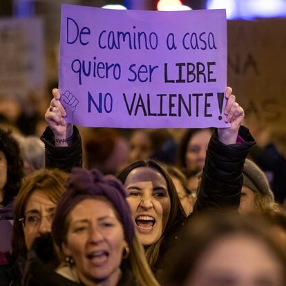 MADRID, SPAIN - 2024/03/09: A woman shouts slogans as she holds a placard that reads "In my way home, I want to be free, not brave" during a demonstration led by the 8M Commission on International Women's Day. From Atocha to Plaza de Colon, under the slogan 'Patriarchy, genocides, and privileges, it's over,' protesters unite to combat sexist violence and safeguard hard-won rights. (Photo by Miguel Candela/SOPA Images/LightRocket via Getty Images)