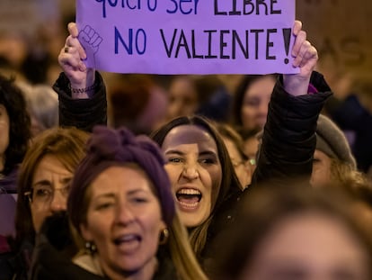 MADRID, SPAIN - 2024/03/09: A woman shouts slogans as she holds a placard that reads "In my way home, I want to be free, not brave" during a demonstration led by the 8M Commission on International Women's Day. From Atocha to Plaza de Colon, under the slogan 'Patriarchy, genocides, and privileges, it's over,' protesters unite to combat sexist violence and safeguard hard-won rights. (Photo by Miguel Candela/SOPA Images/LightRocket via Getty Images)