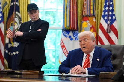 El presidente de EE UU, Donald Trump (sentado) habla mientras el magnate Elon Musk, dueño de Tesla y X, le mira. 