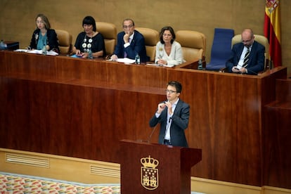 El portavoz de Más Madrid en la Asamblea de Madrid, Íñigo Errejón, durante su turno en la sesión de investidura.