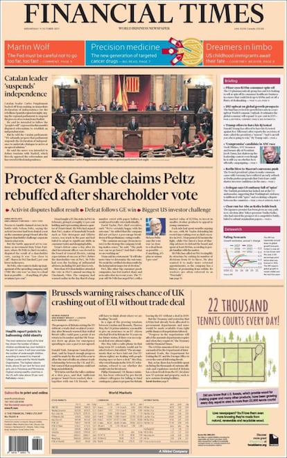 El diario financiero 'Financial Times'. La publicación dedica su foto de portada al discurso de Puigdemont y titula: "El líder catalán pone freno a la secesión". En un subtítulo, que cita al president, añade: "Puigdemont dice que la región se ha ganado el derecho a convertirse en una república, pero llama al diálogo".