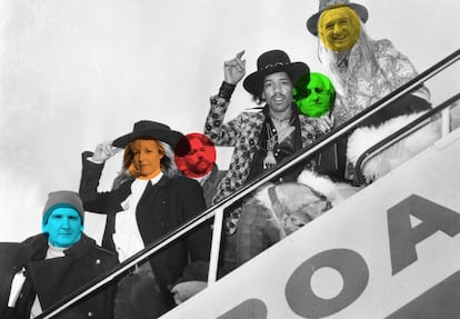 Jimi Hendrix acompañado, de forma virtual, de algunos de los músicos españoles que hablan sobre él para este reportaje. 