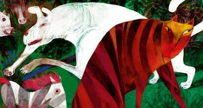 Ilustración de Ajubel para The cat that walked by himself, en el libro Kipling ilustrado.